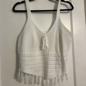 No Boundaries White Knit Fringe Tank Top